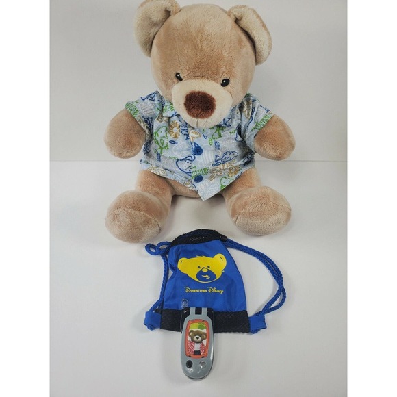 Build a bear Workshop bear with fish Hawaiian shirt drawstring bag and phone - Picture 1 of 11